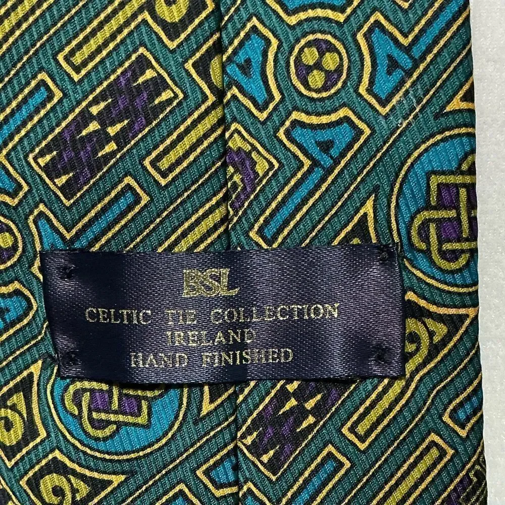 BSL Celtic Geometric Patterned Tie in Teal and Gold made in Ireland